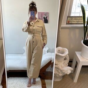 COTTON BEIGE TAN LONG SLEEVE JUMPSUIT POCKETS ADJUSTABLE BELT WIDE LEG BUTTONS